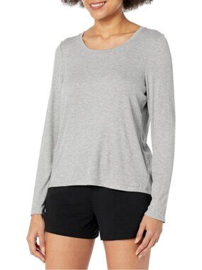 Women's Heither Grey Ribbed Long Sleeve Pull On Tunic Crew Neck Sleep Tee Shirt